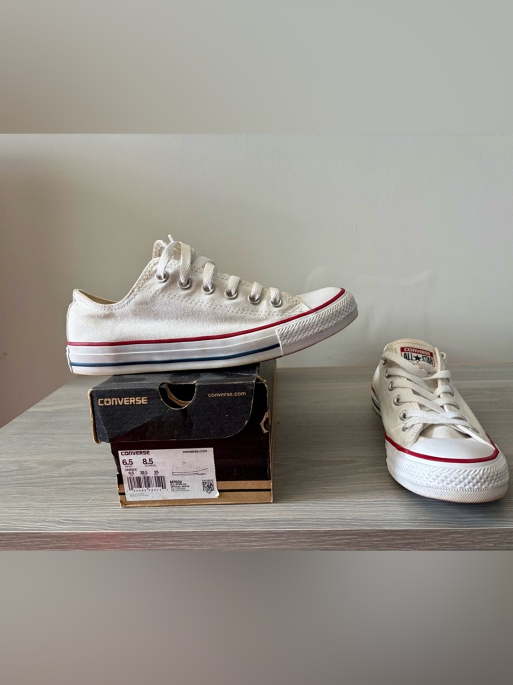 Converse Low Top Sneakers in White with Red & Blue Stripes
